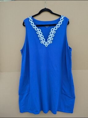 Lands' End Sleeveless V-Neck Dress Pockets Crochet Trim Plus 3X Blue Women's